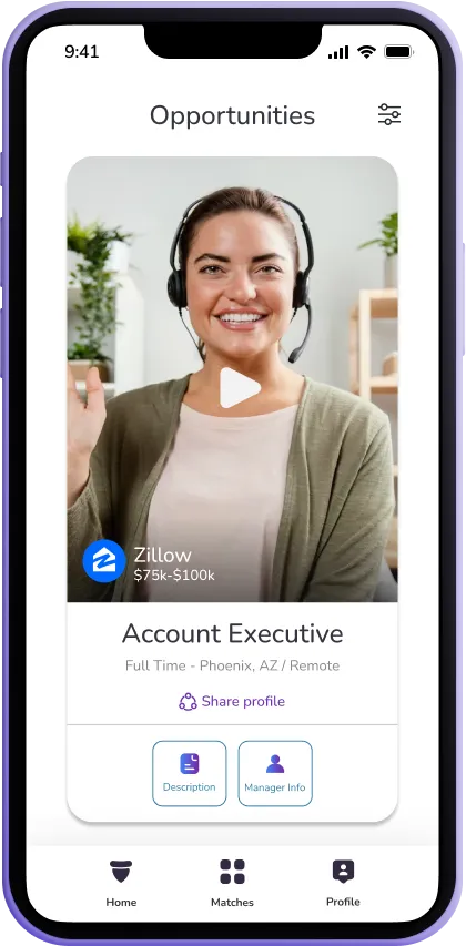 Jobz app interface showing job matching